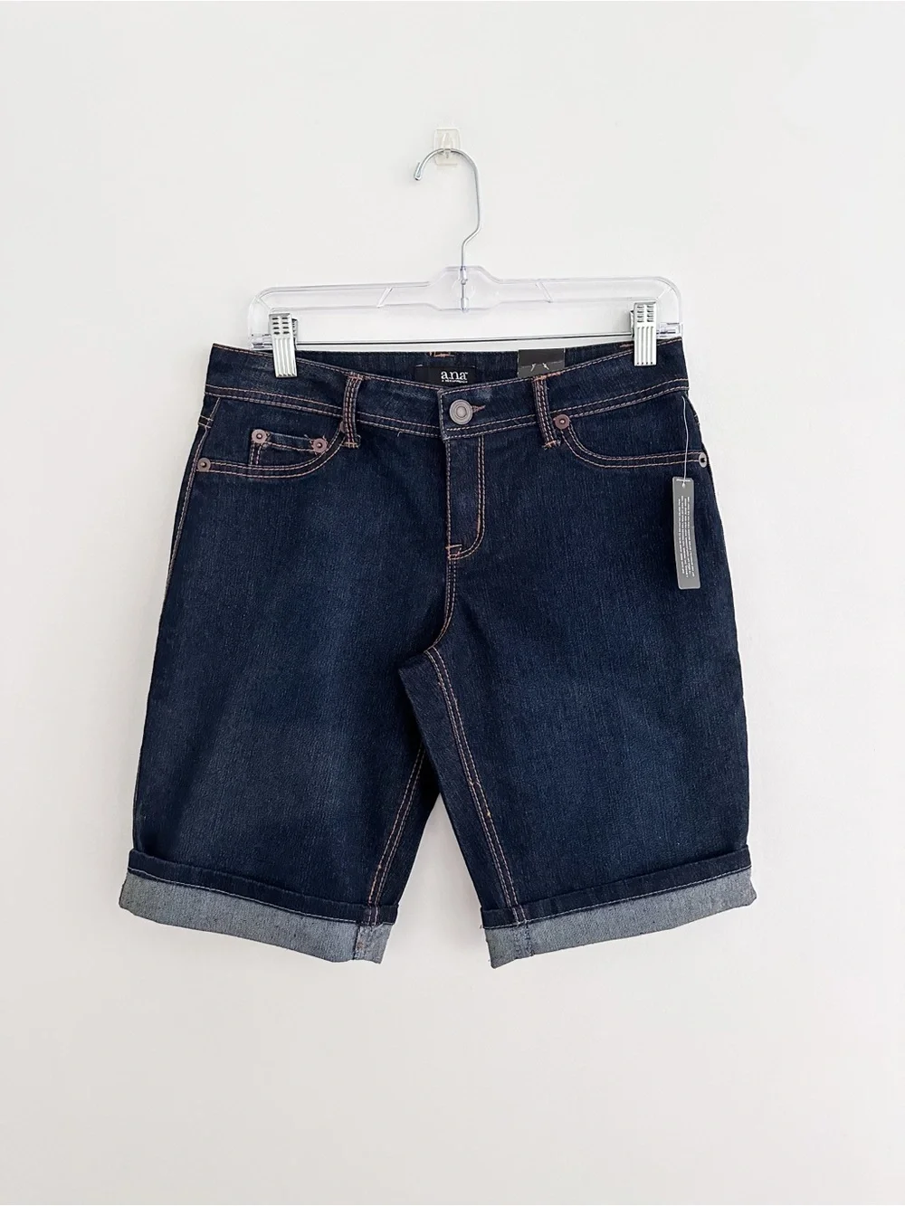 NWT A.N.A. Dark Wash Denim Bermuda Shorts Cuffed Long Jean Shorts Size 4